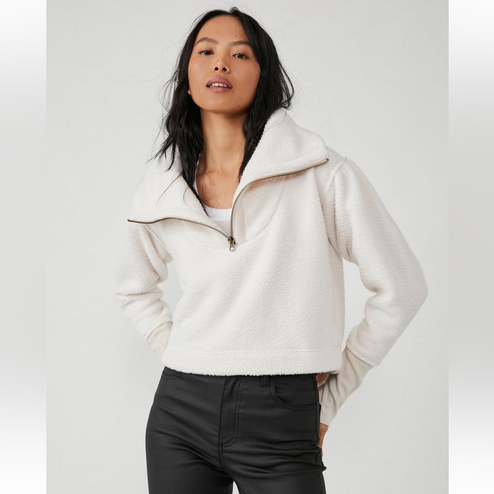 Free People Cozy Cream Sherpa Half-Zip Pullover, XS
